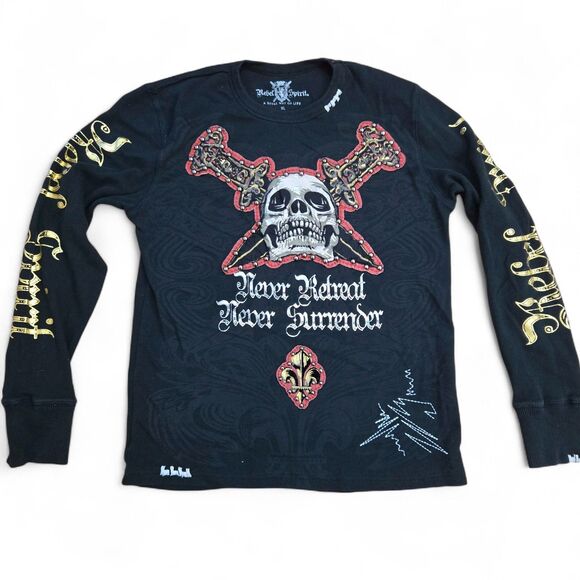 Mens Rebel Spirit Grunge Y2k Studded Skull Long Sleeve Shirt Sz XL Thermal Biker - Picture 1 of 14